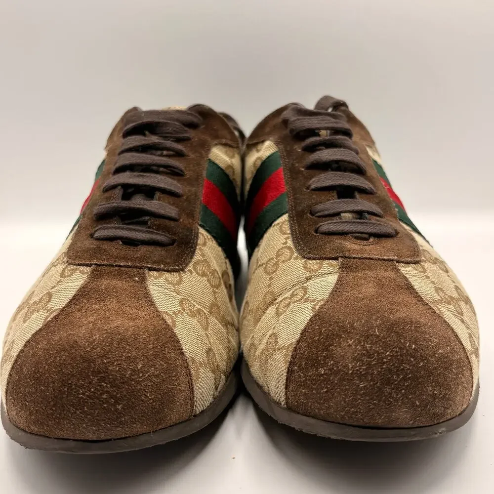 GUCCI GG Monogram Canvas Brown Suede Red Web Lace Sneakers Sz 9G 9.5 US $995